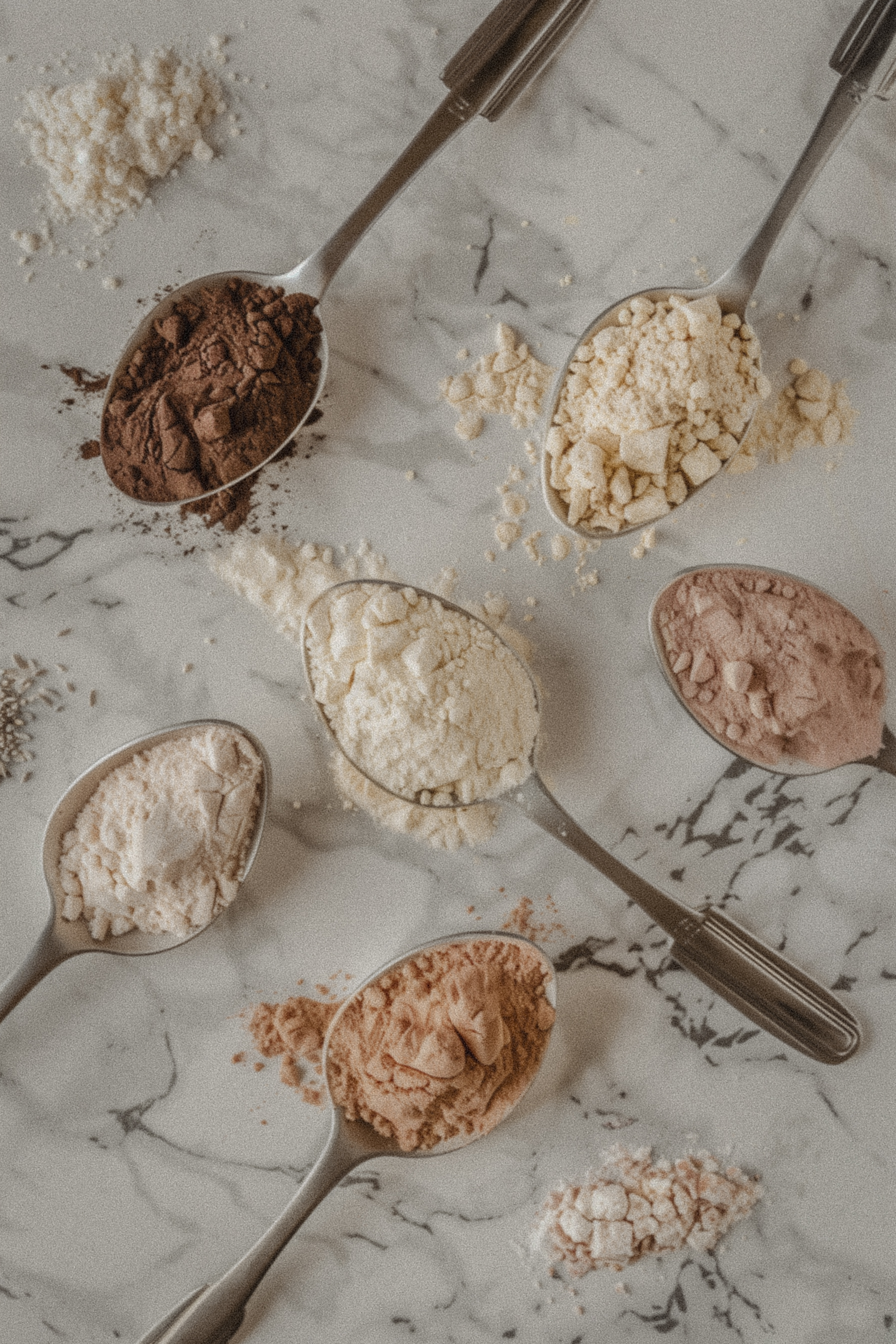 Flat lay — spoons of protein powder on a marble surface in soft natural light